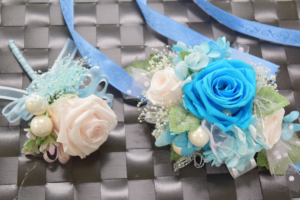 Wrist Corsage (WC14) - Turquoise & Panna Cotta